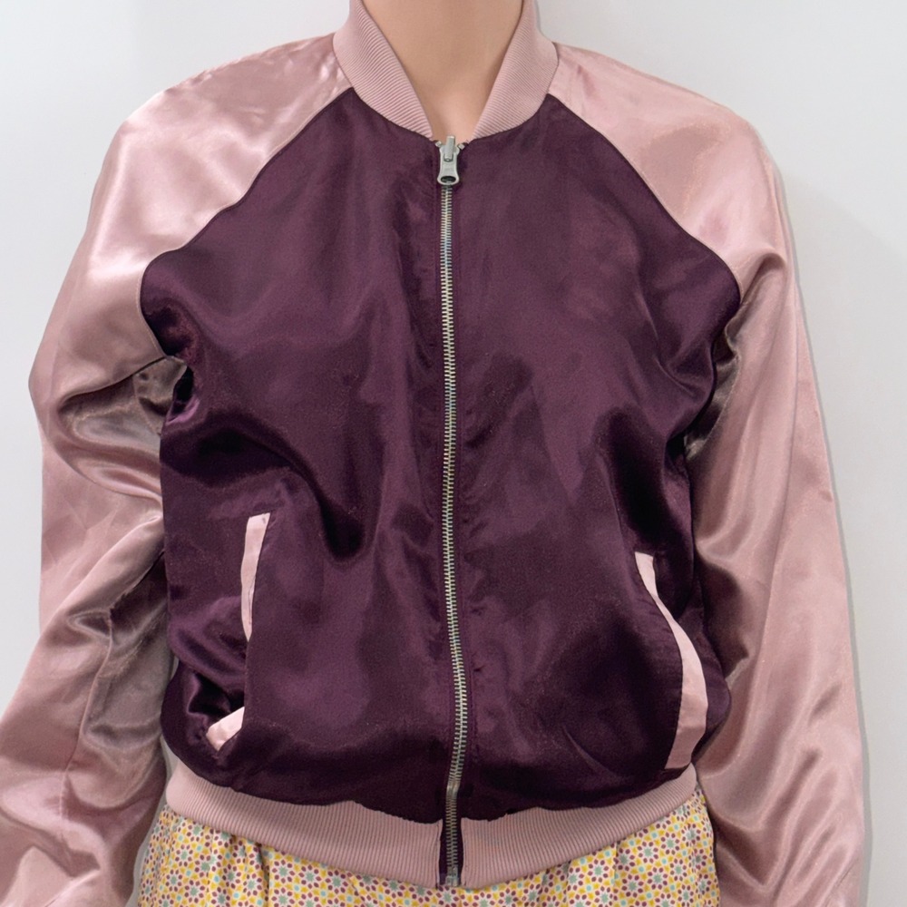 Love Fire Small Satin Bomber Jacket Burgundy Pink Floral Print Lining 992